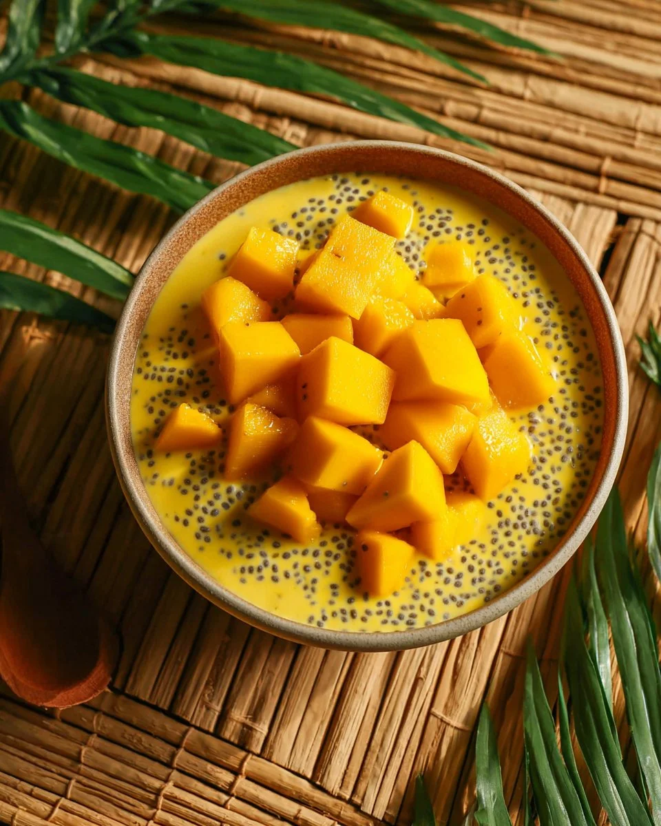 Mango chia pudding cups served in clear glasses topped with fresh mango slices