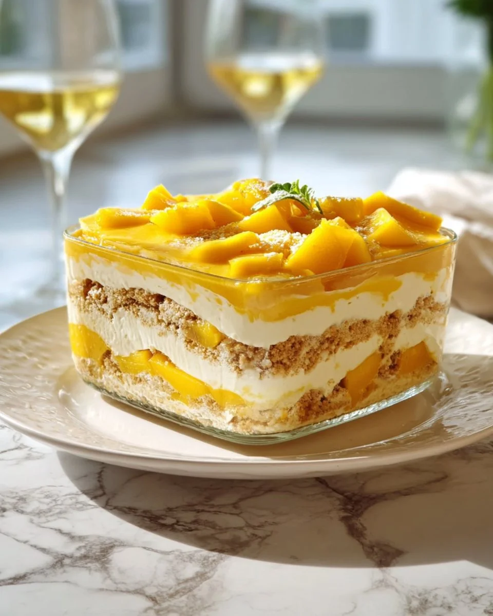 Delicious Mango Graham Dessert with layers of mango and graham crackers