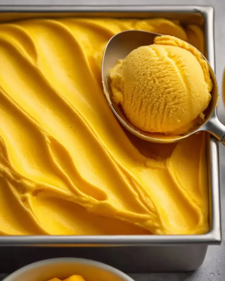 Delicious homemade mango ice cream in a colorful bowl