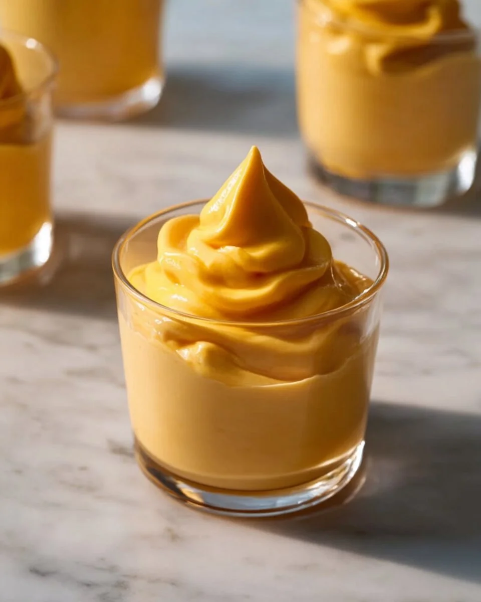 Delicious homemade mango mousse served in a dessert cup with fresh mango slices.