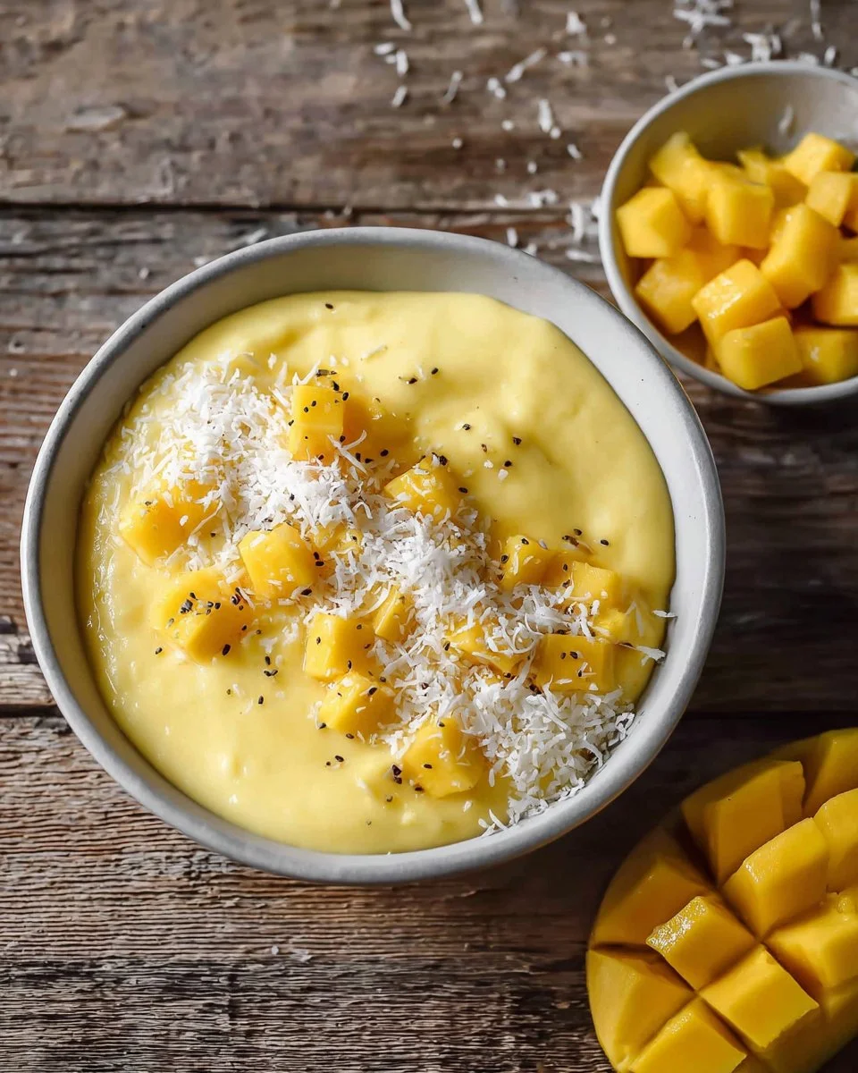 Delicious mango smoothie bowl topped with fresh fruit and granola