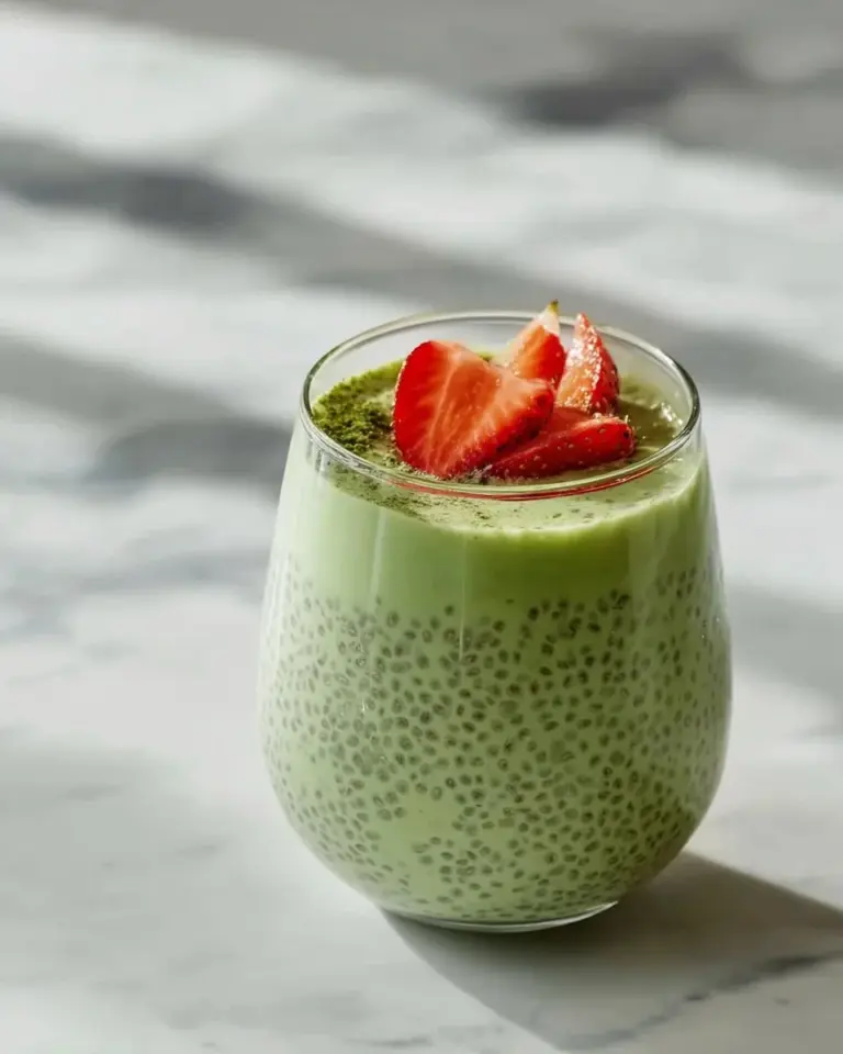 Delicious homemade matcha chia pudding topped with fresh fruits and nuts