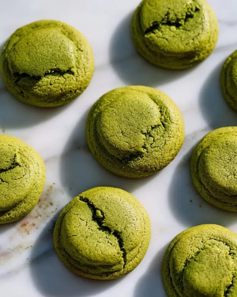Freshly baked matcha cookies on a plate, showcasing their vibrant green color.