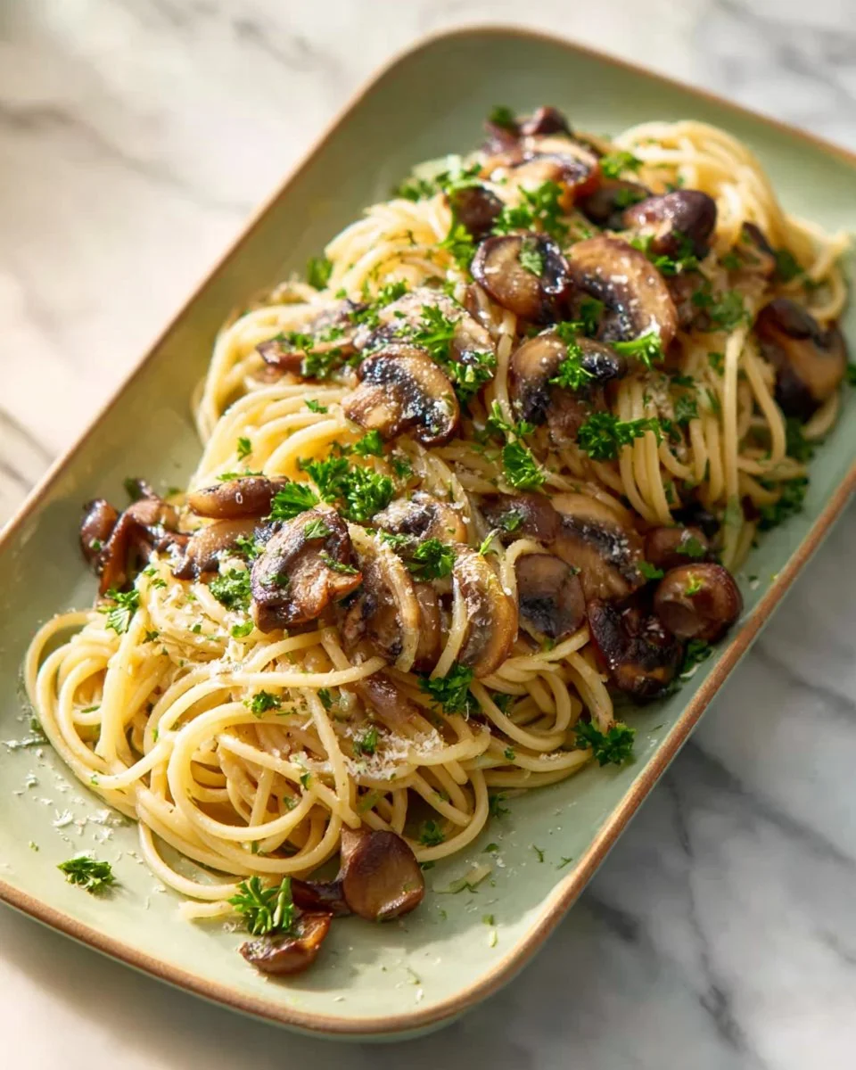 Bowl of creamy mushroom pasta with garlic oil on a rustic wooden table