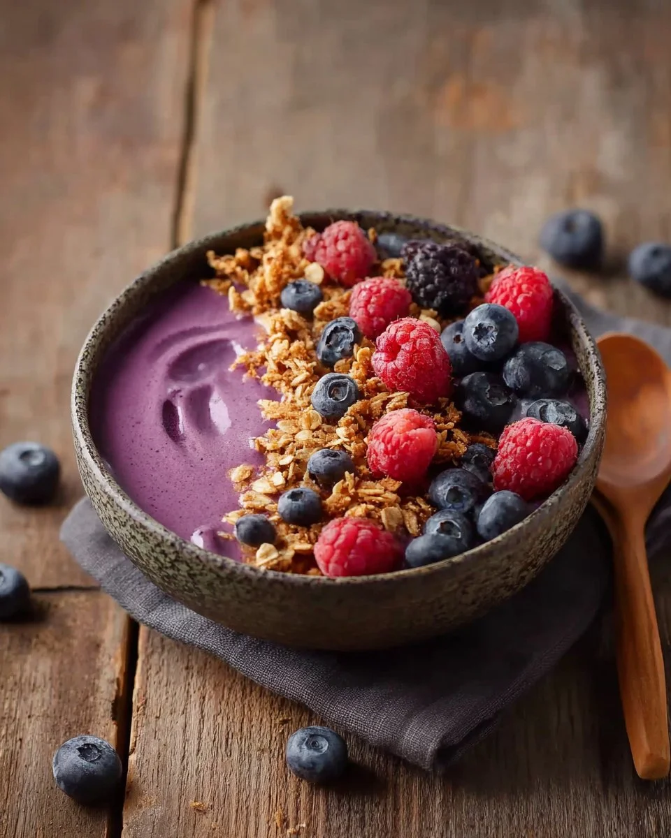 Nutritious smoothie breakfast bowl topped with fruits and seeds.