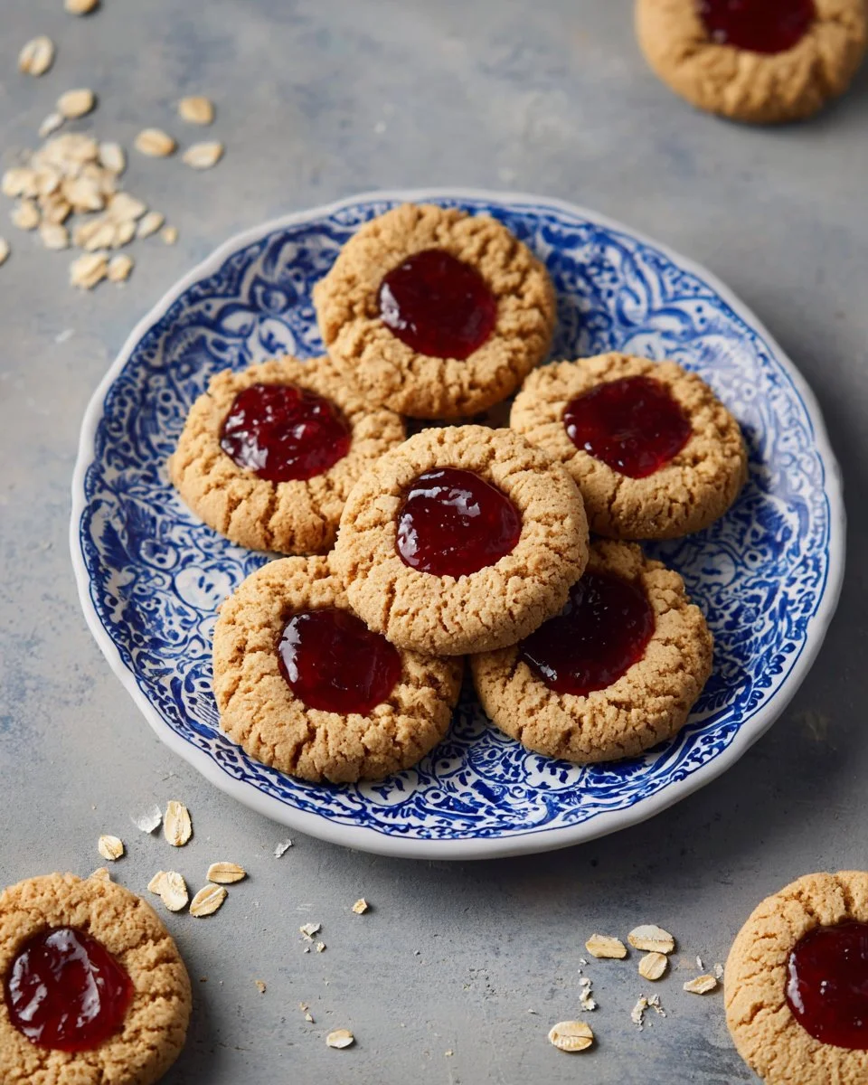 Delicious Oat Jam Thumbprint Cookies with berry filling on a plate