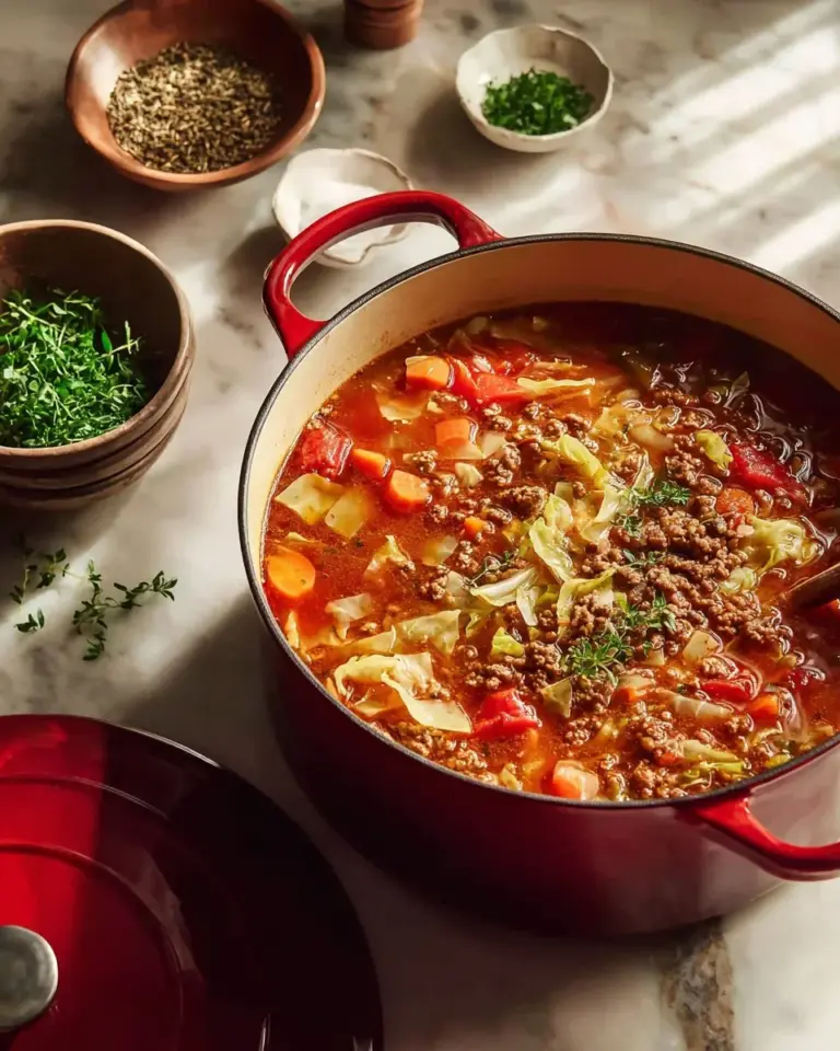 One-Pot Cabbage Roll Soup with Ground Turkey in a bowl garnished with herbs