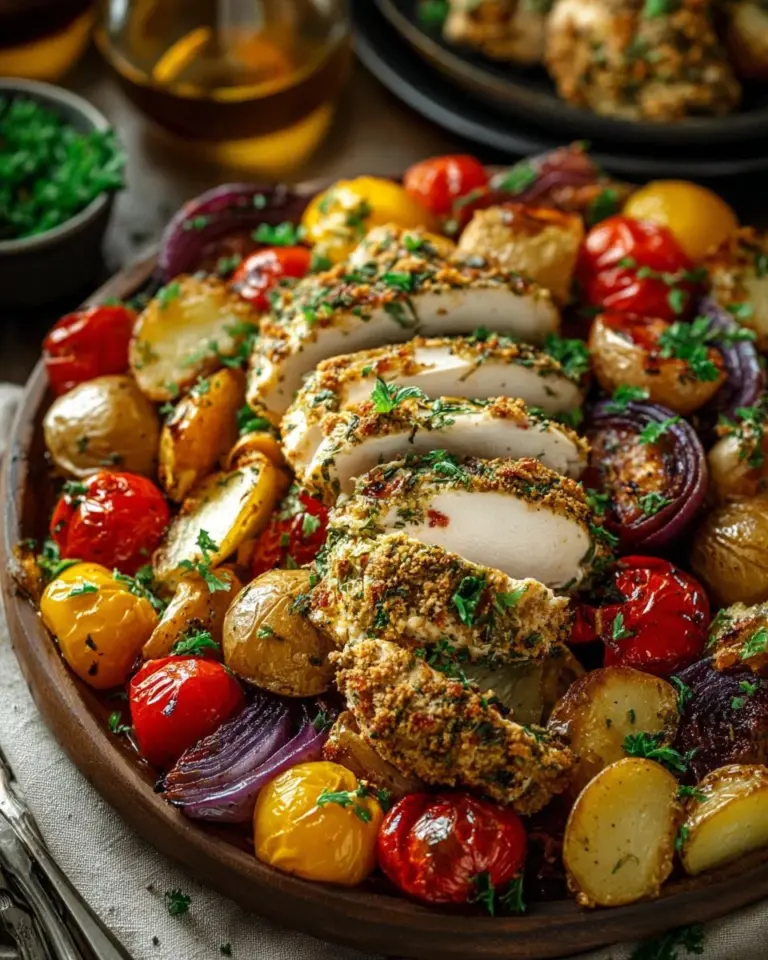 Parmesan Crusted Chicken on a sheet pan with vegetables