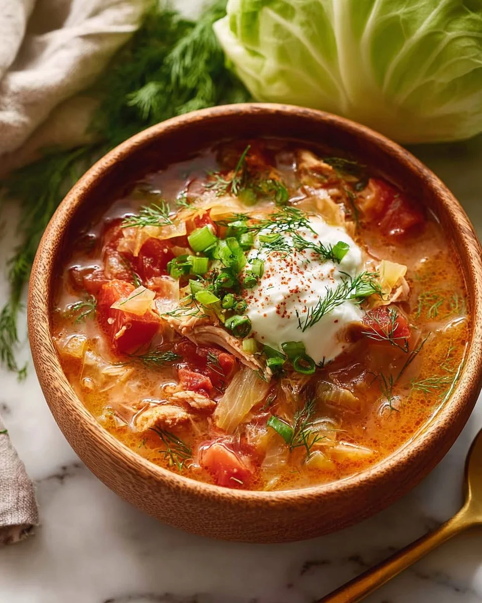 Bowl of delicious Pork Chop and Cabbage Soup garnished with herbs
