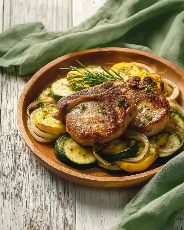 Pork chops served with sautéed zucchini and squash