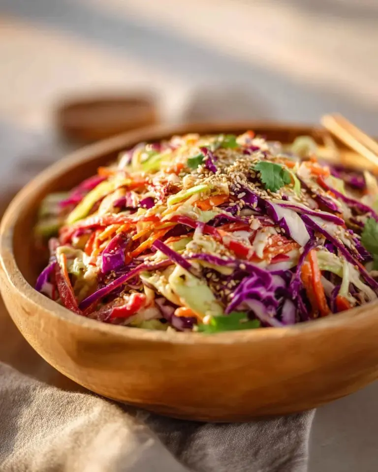 Bowl of Quick Asian Coleslaw with Sesame Dressing garnished with sesame seeds.
