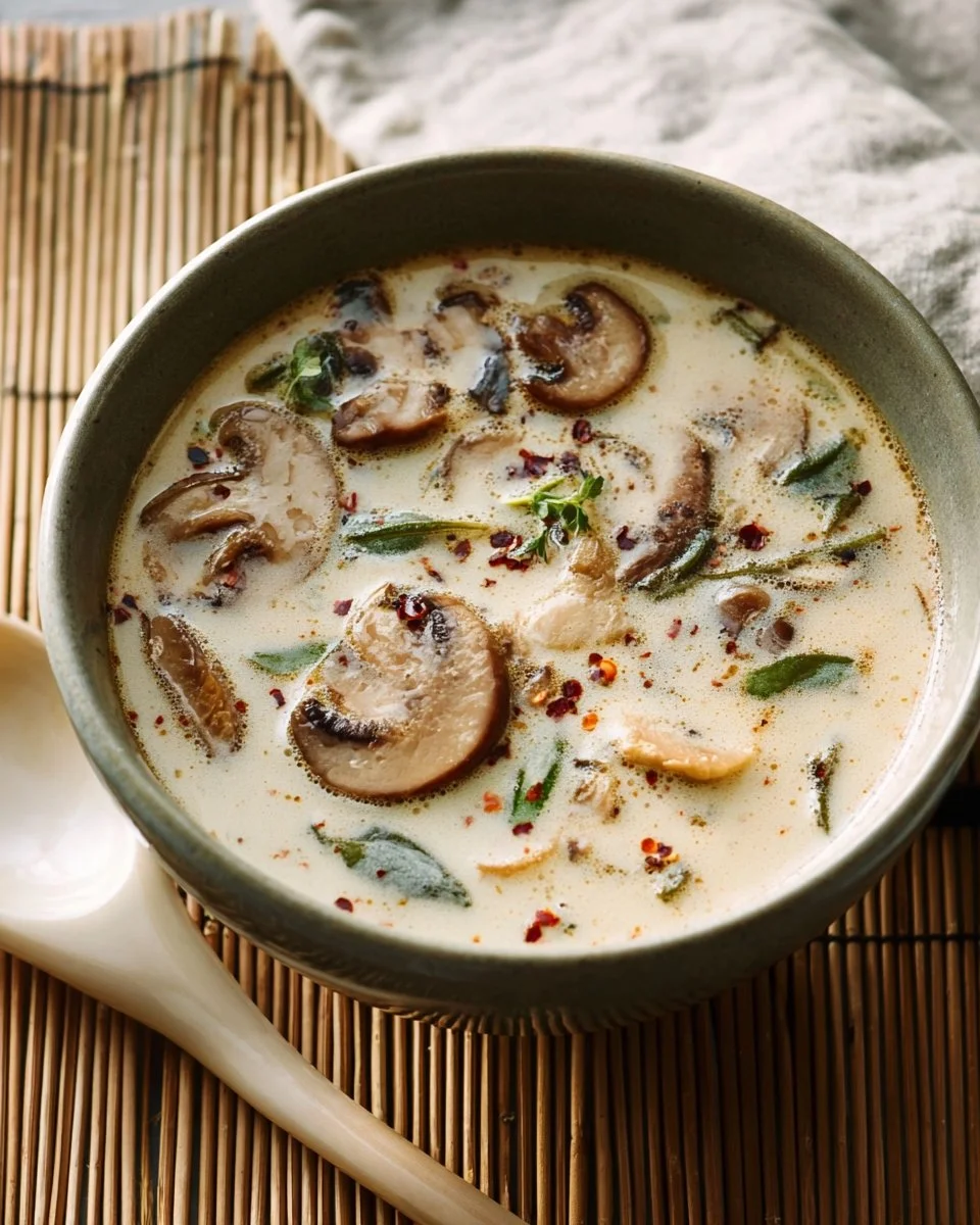Bowl of raw creamy vegan miso soup with mushrooms garnished with greens