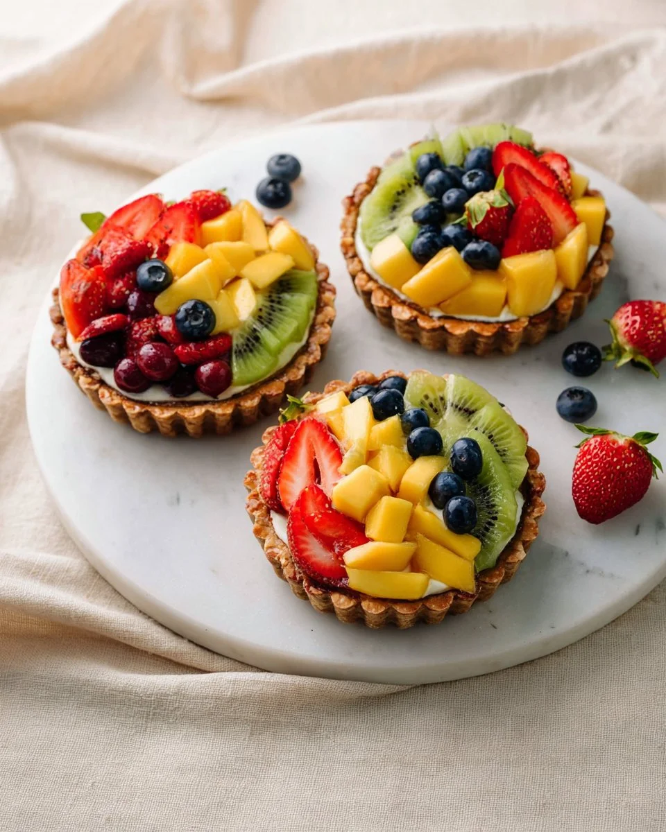 A colorful assortment of raw fruit tarts topped with fresh fruits