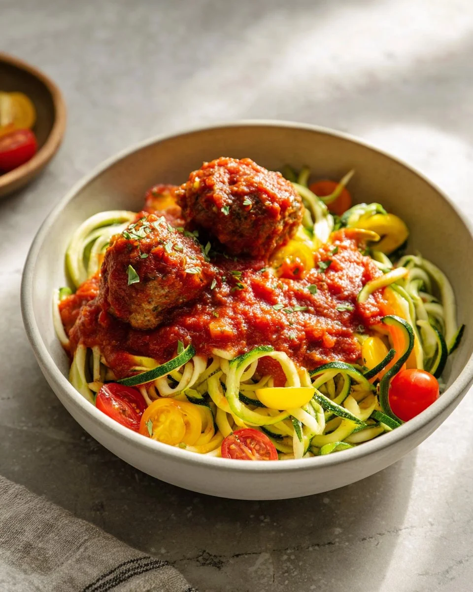 Delicious Raw Pasta Primavera with meatballs and fresh vegetables served in a bowl.