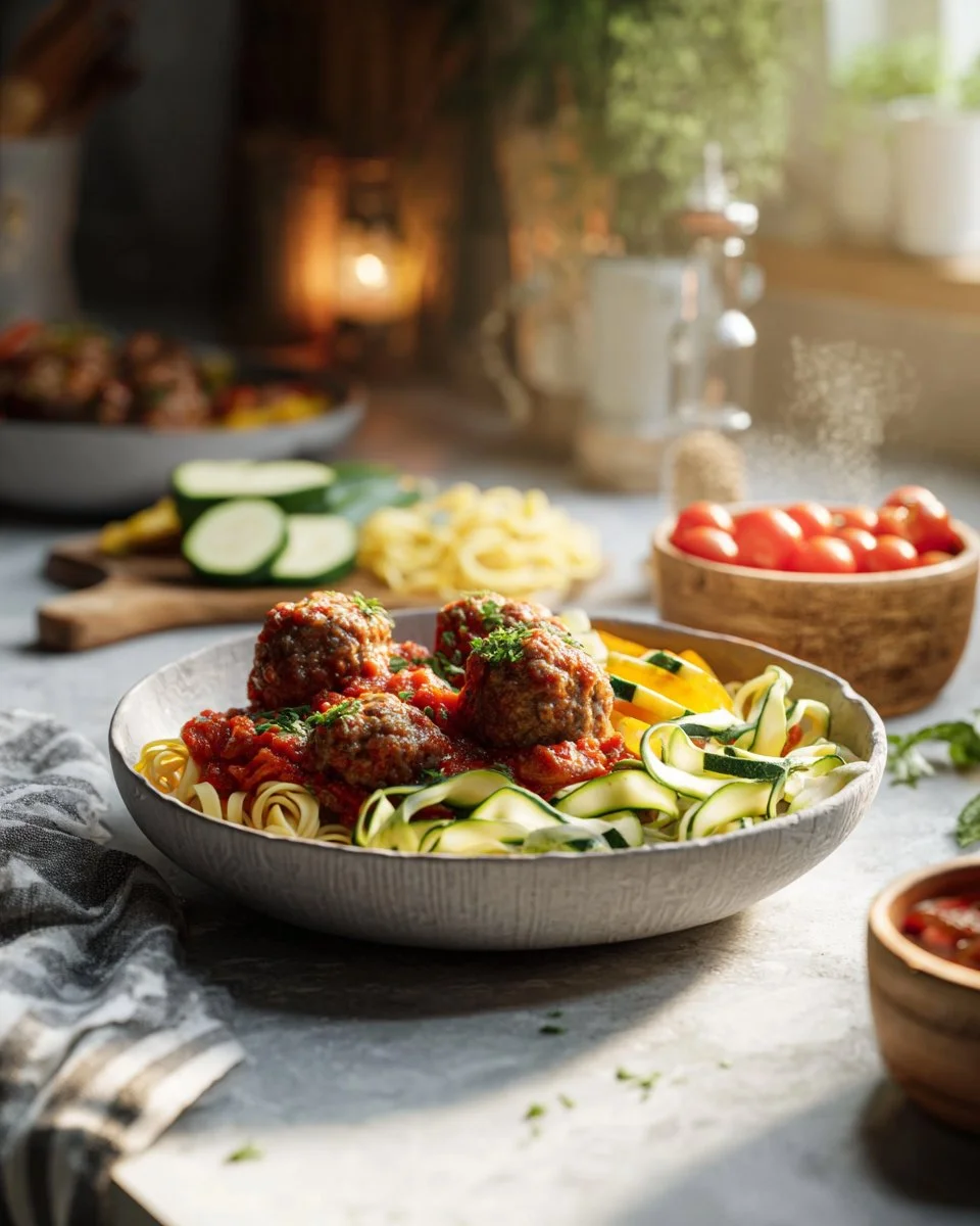 Raw Pasta Primavera and Meatballs
