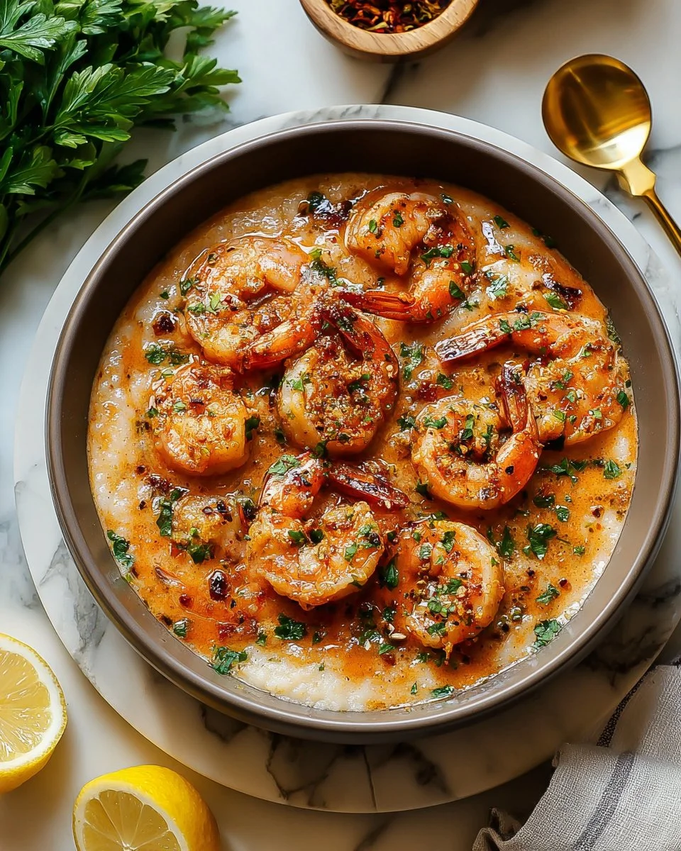Bowl of rich crab and shrimp bisque garnished with fresh herbs.