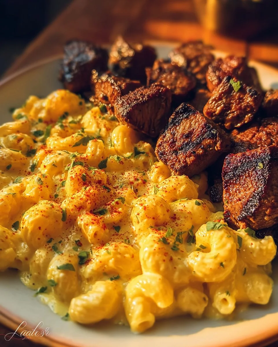 Rigatoni pasta with garlic butter parmesan cream sauce and Cajun steak tips