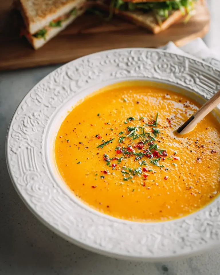 Bowl of creamy roasted butternut squash soup topped with fresh herbs