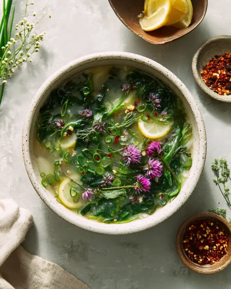 Bowl of roasted garlic miso soup topped with fresh greens