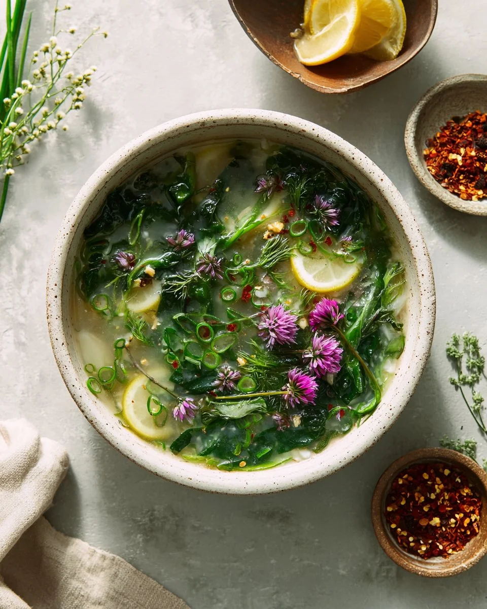 Bowl of roasted garlic miso soup topped with fresh greens