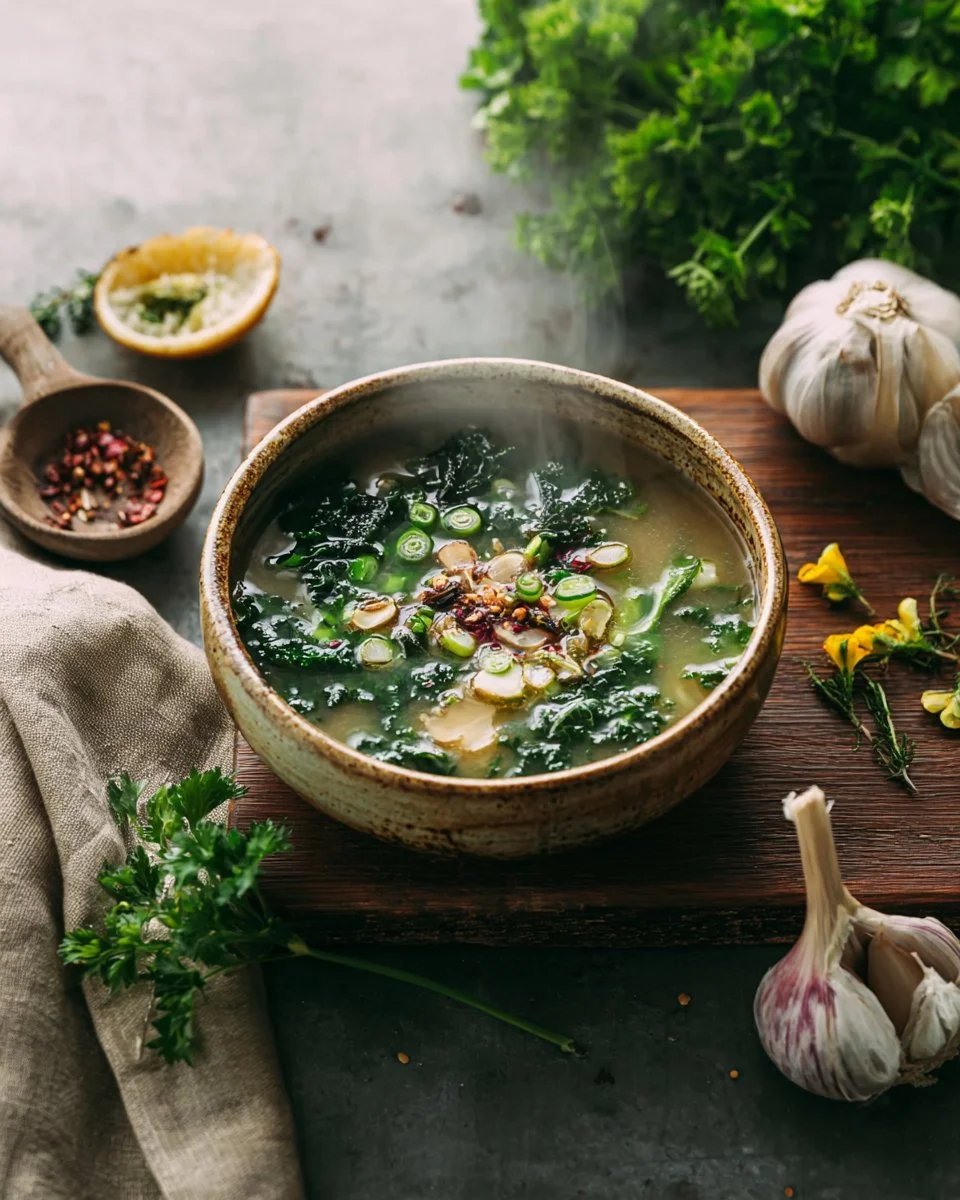 ROASTED GARLIC MISO SOUP WITH GREENS