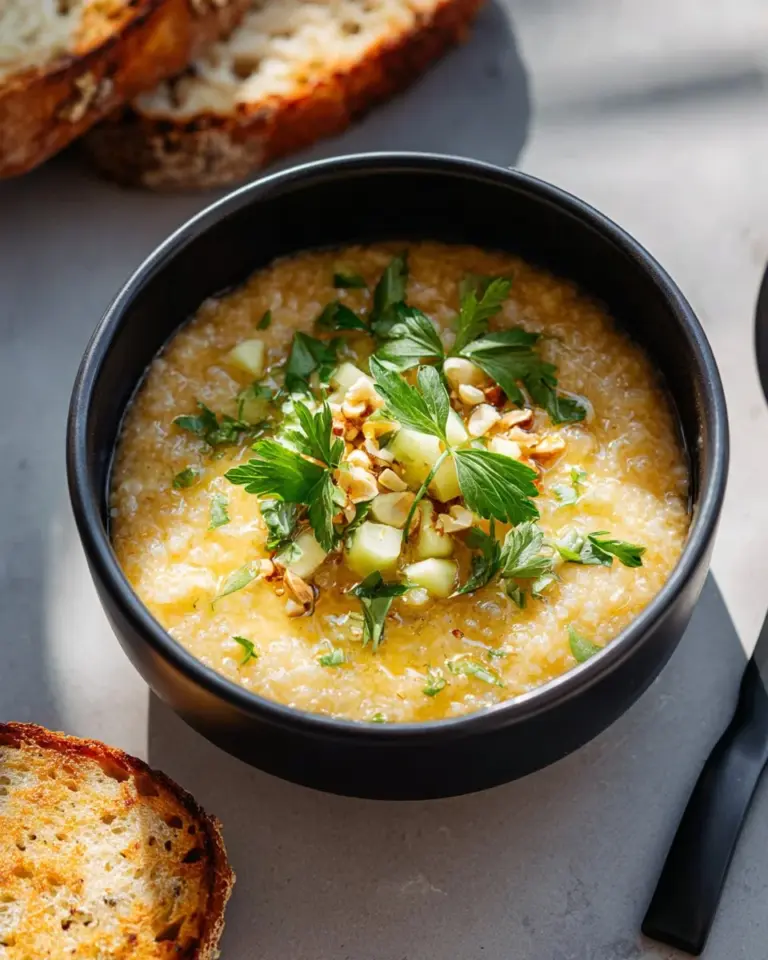 Delicious Saffron Potato Leek Soup garnished with fried garlic and almonds