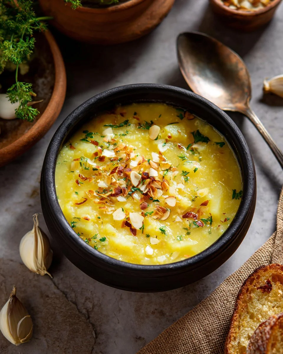 Saffron Potato Leek Soup with Fried Garlic & Almonds