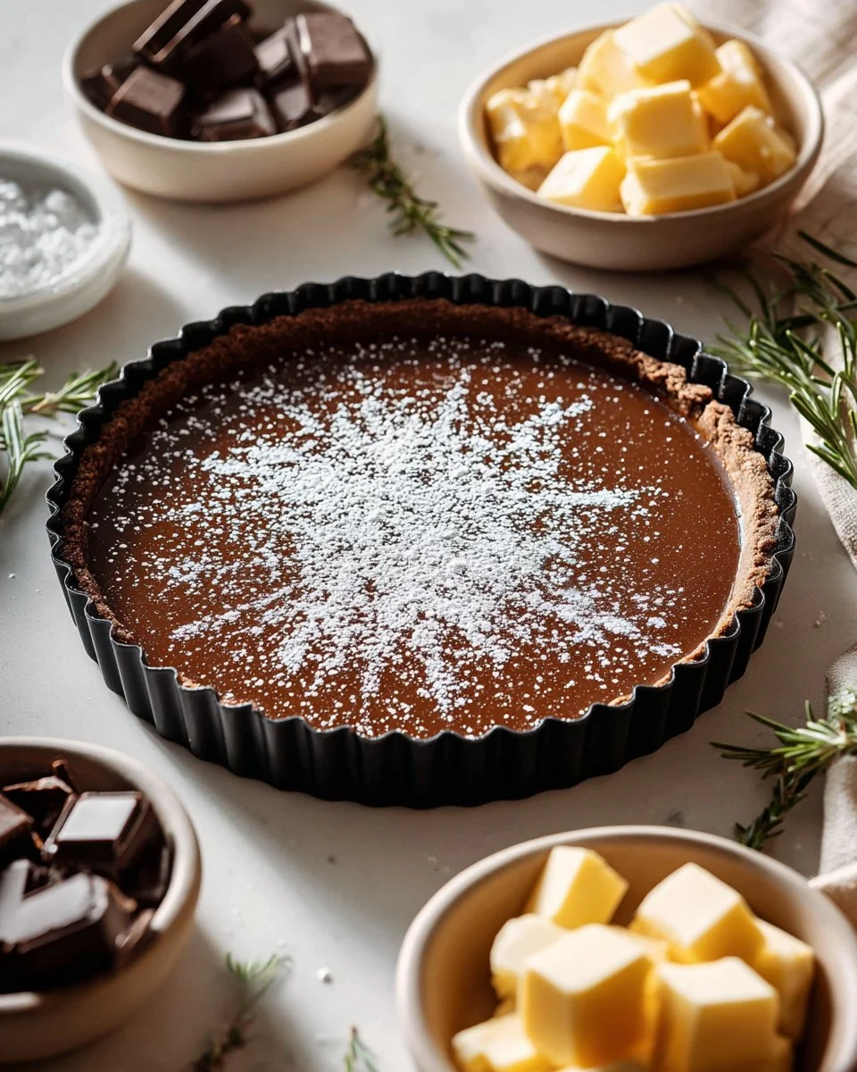 Delicious salted caramel chocolate tart topped with sea salt flakes
