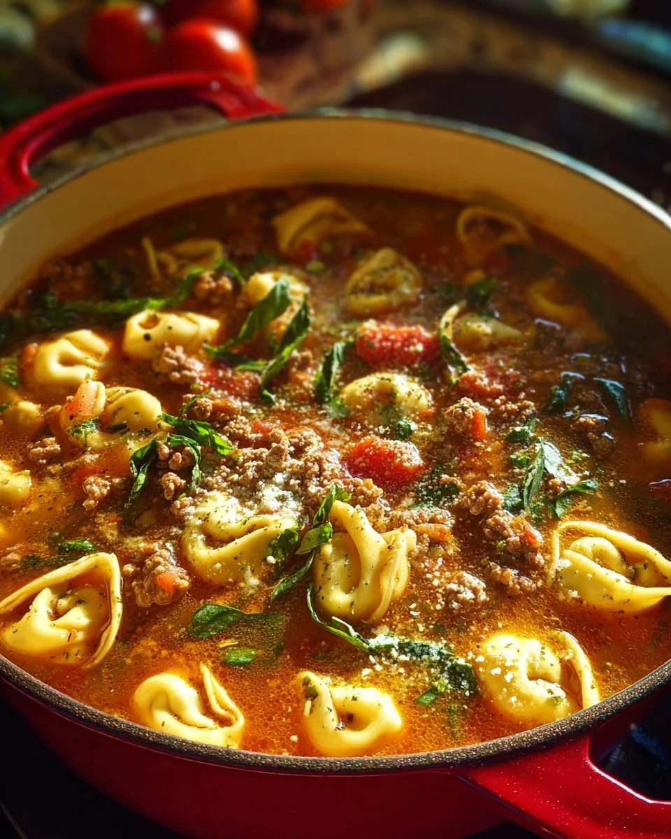 Bowl of flavorful Sausage Tortellini Soup garnished with herbs