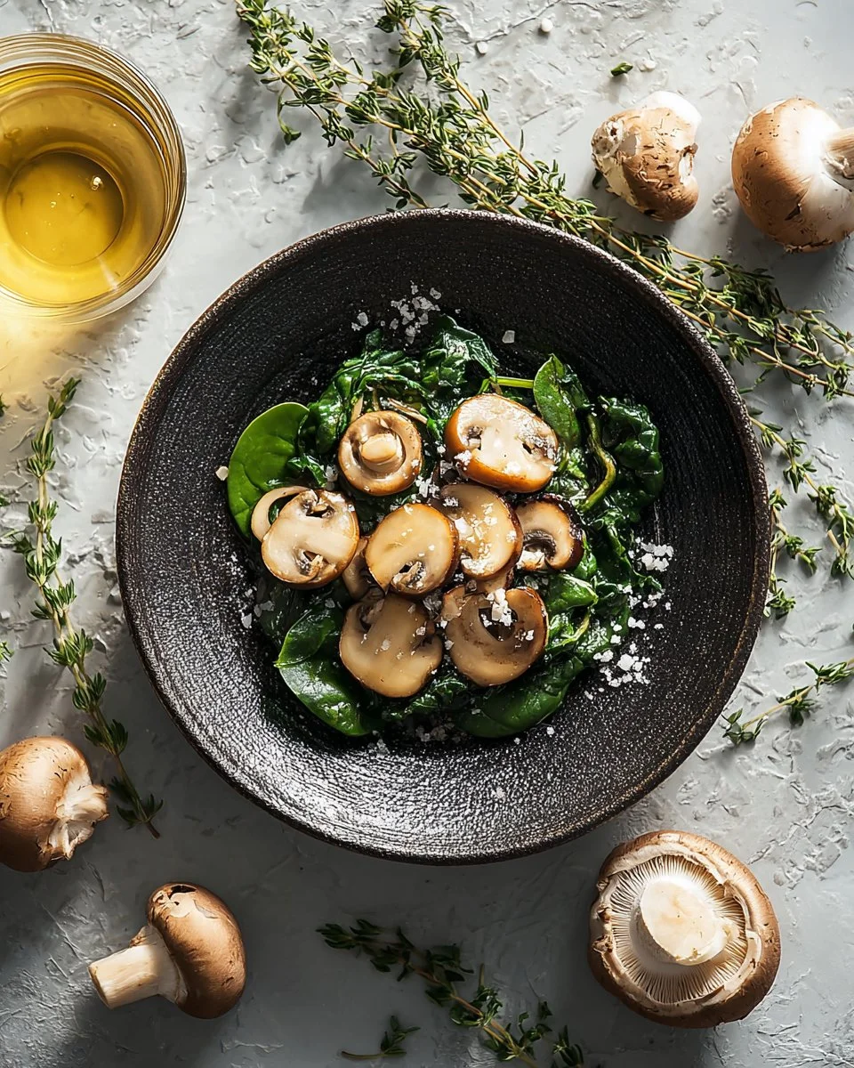 Plate of sauteed mushrooms with spinach garnished and ready to serve