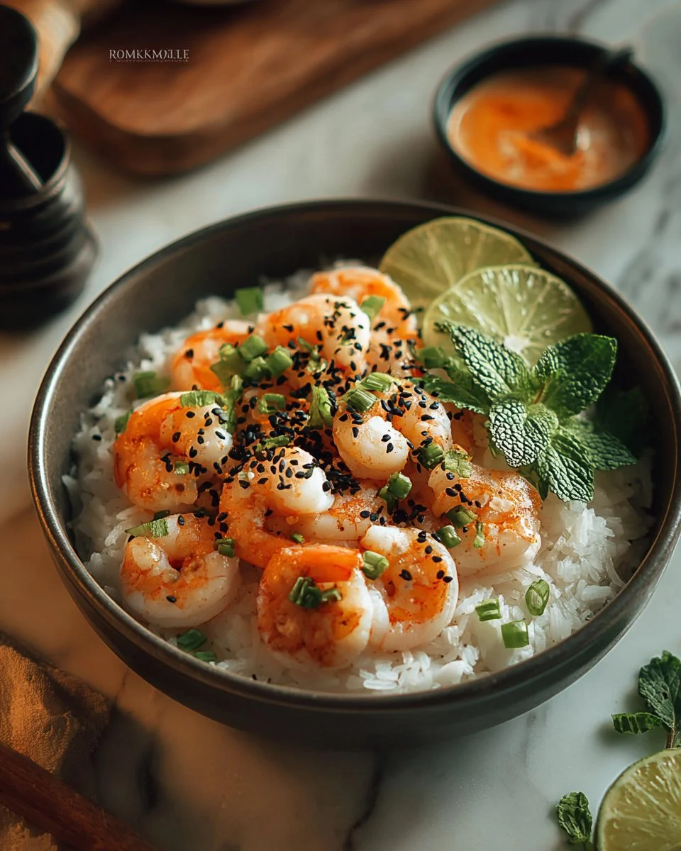 Shrimp rice bowls topped with spicy mayo and garnished with fresh vegetables