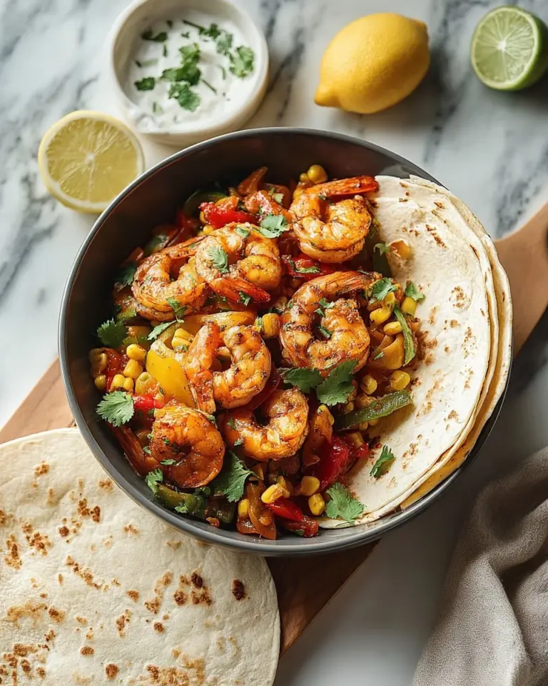 Delicious shrimp tacos garnished with fresh ingredients and lime.
