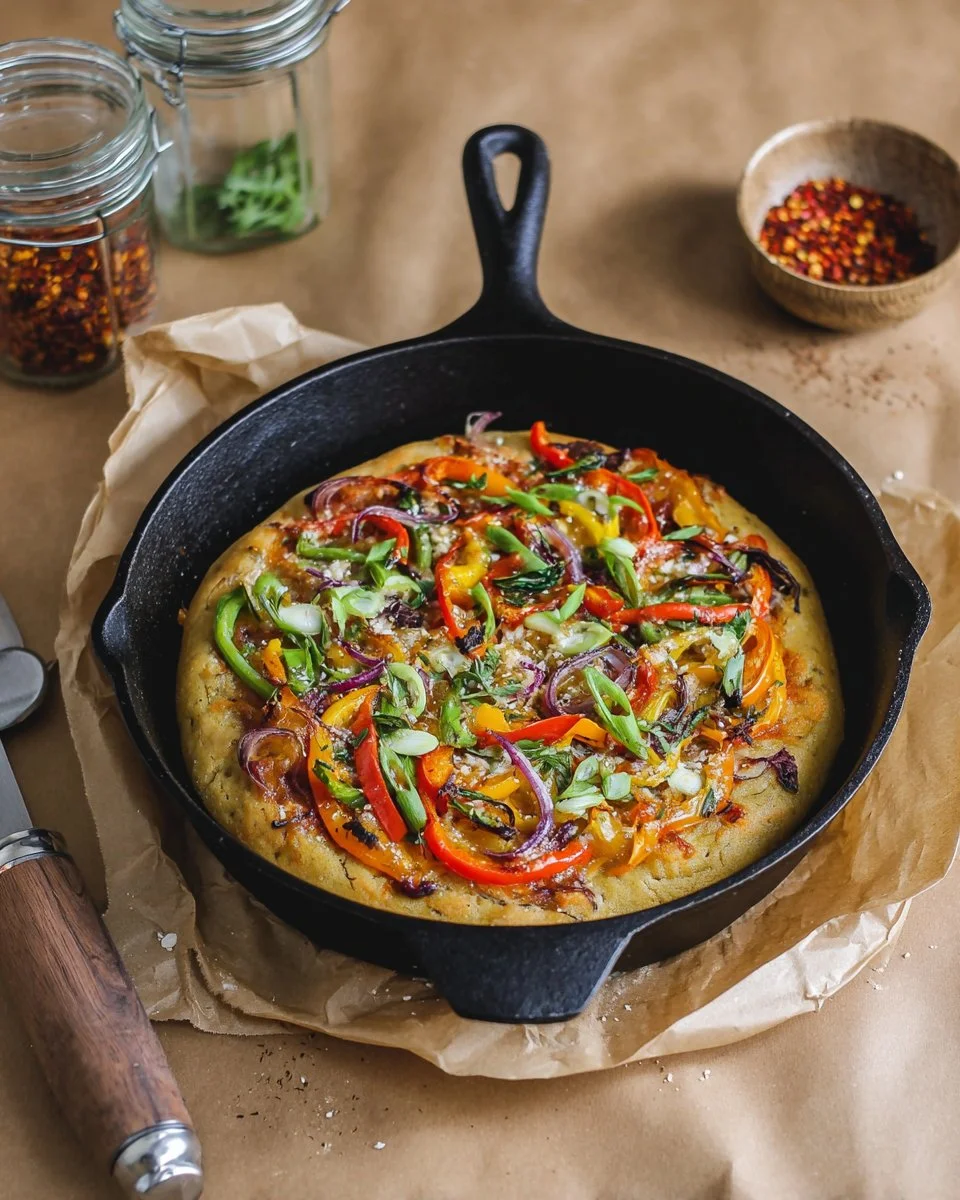 Skillet pizza topped with balsamic tomato sauce and roasted vegetables