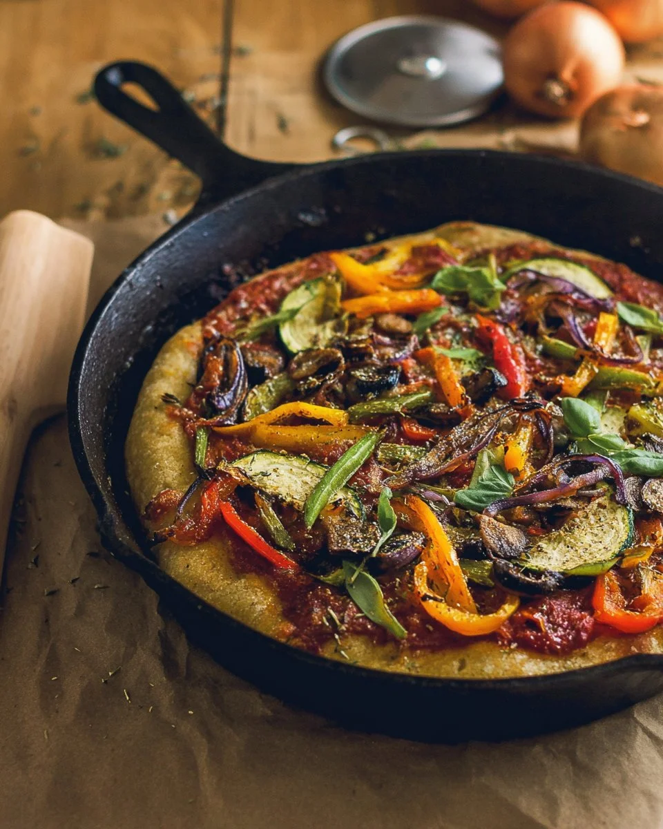 Skillet Pizza with Balsamic Tomato Sauce and Roasted Veggies