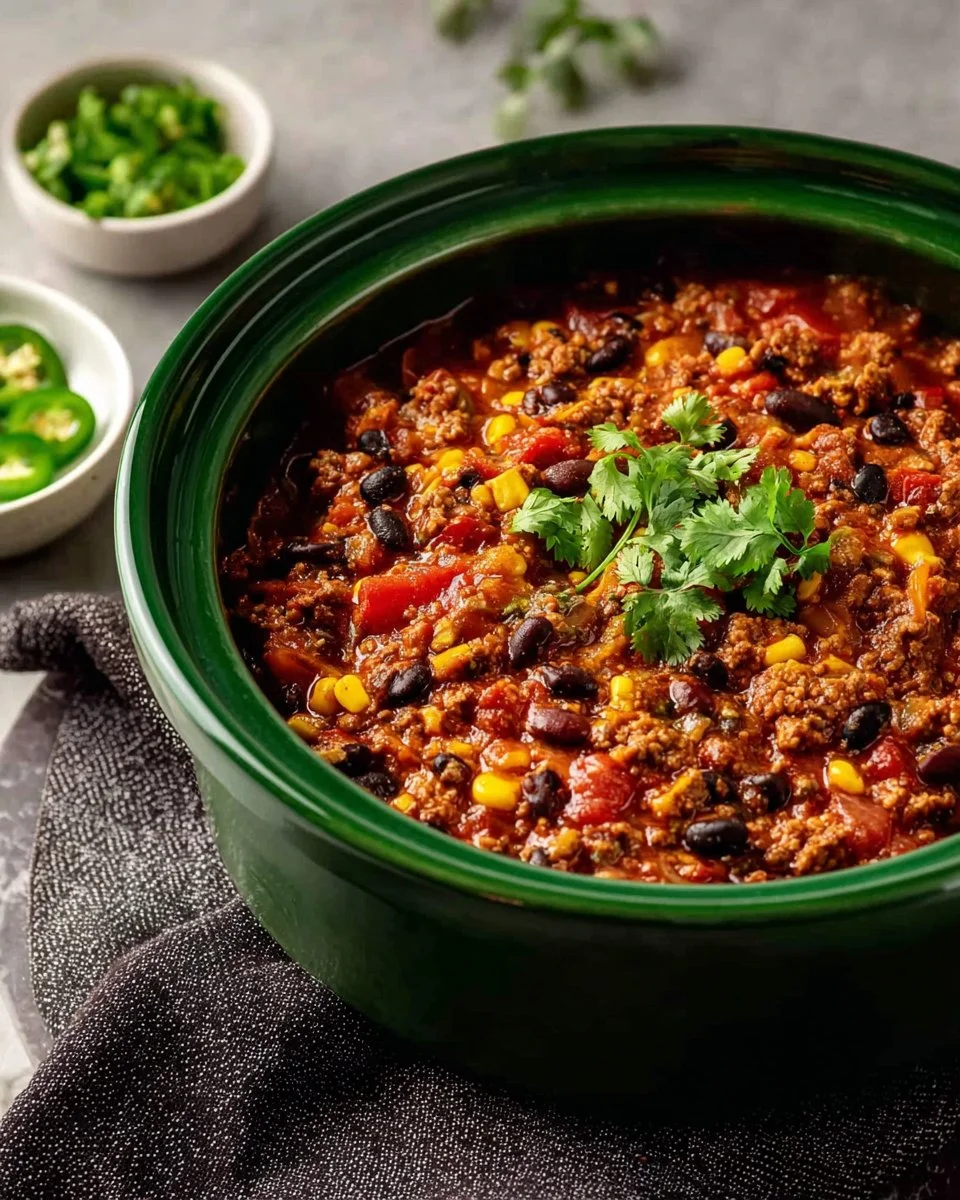 Bowl of slow cooker turkey chili with fresh toppings