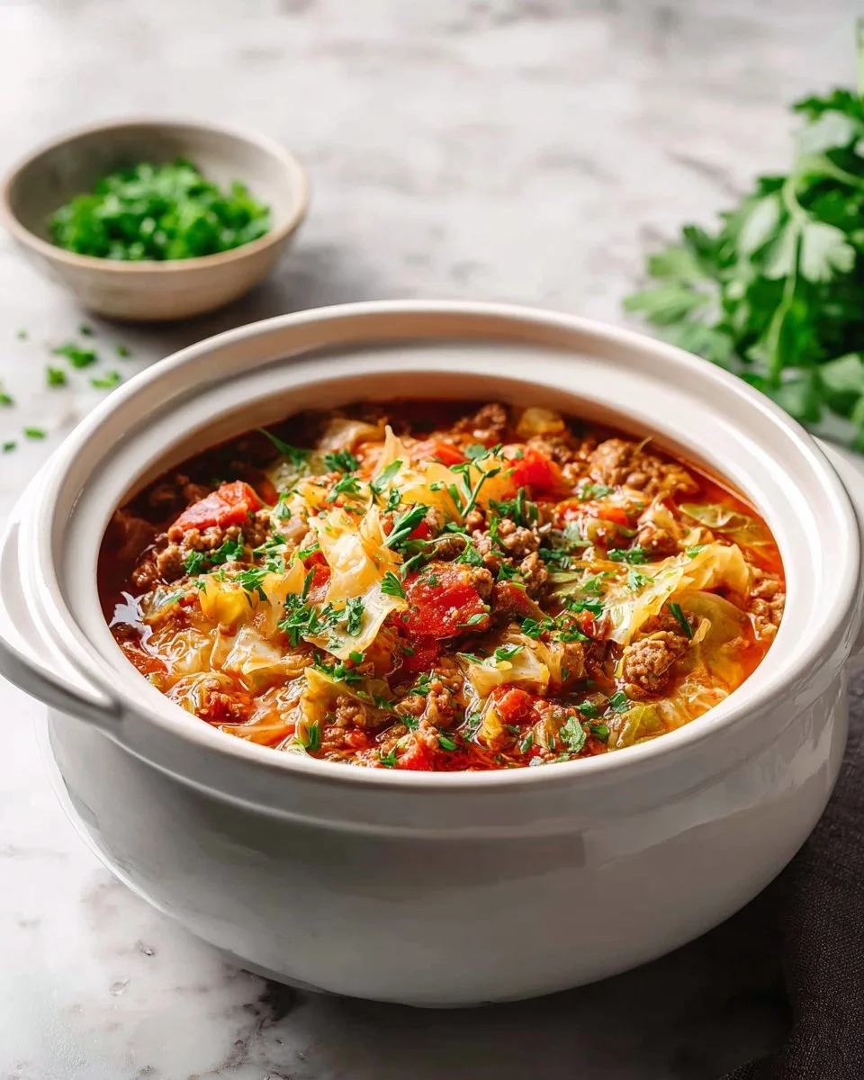 Bowl of slow cooker turkey vegetable soup with fresh vegetables and herbs