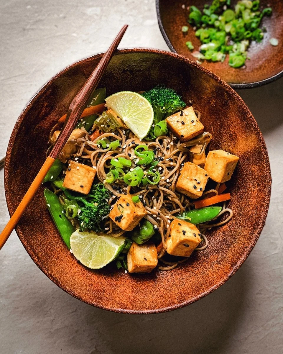 Soba noodle stir fry with tofu and colorful vegetables