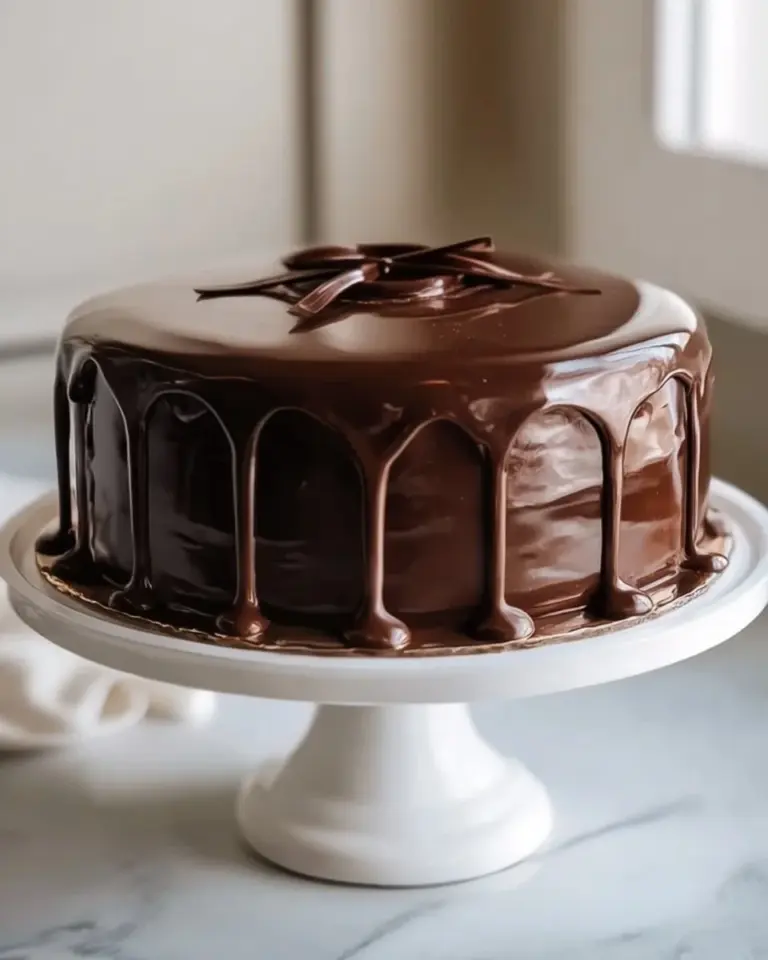 Sour Cream Chocolate Cake topped with chocolate ganache and fresh berries