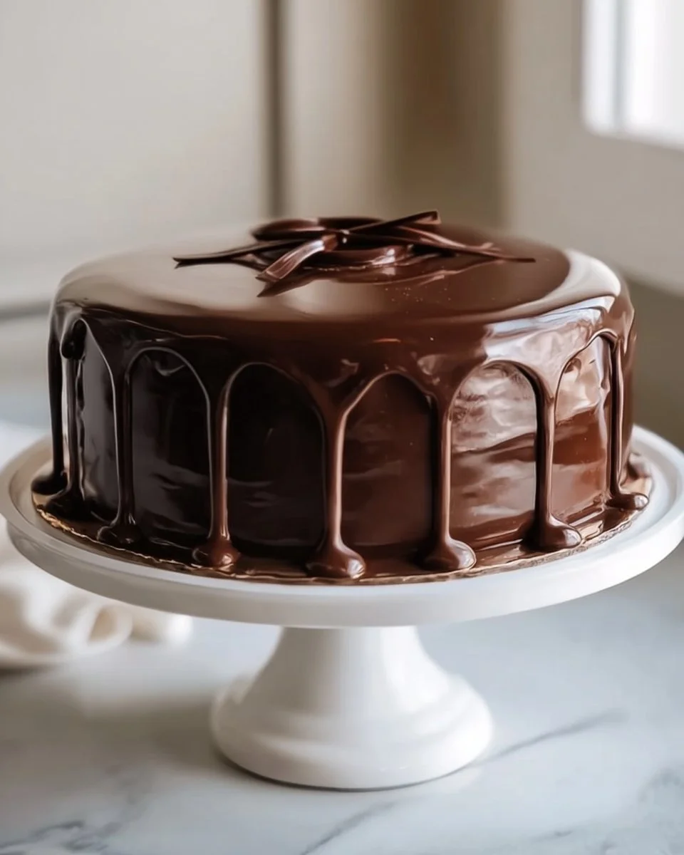 Sour Cream Chocolate Cake topped with chocolate ganache and fresh berries