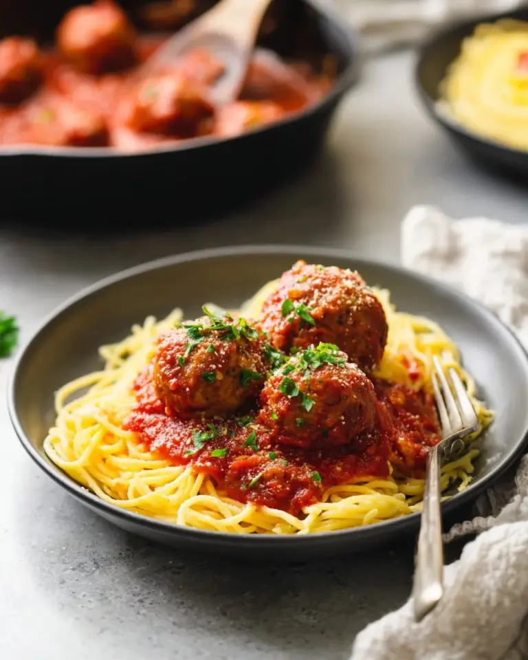 Delicious spaghetti served with hearty Italian vegan meatballs