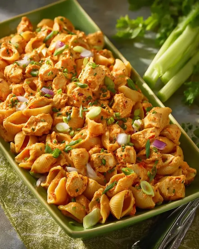 Spicy High Protein Buffalo Pasta Salad served in a bowl with fresh ingredients