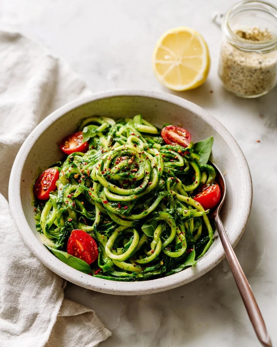 Spicy kale pesto served over zucchini noodles for a nutritious dish