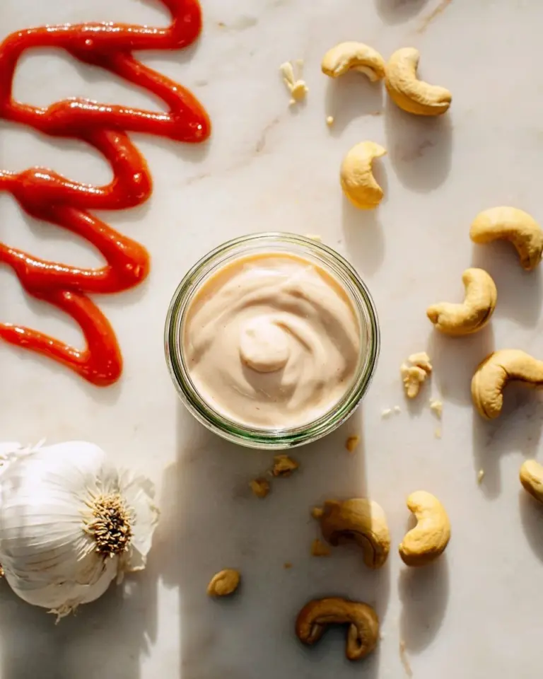 Sriracha cashew cheese sauce served in a bowl with a spoon