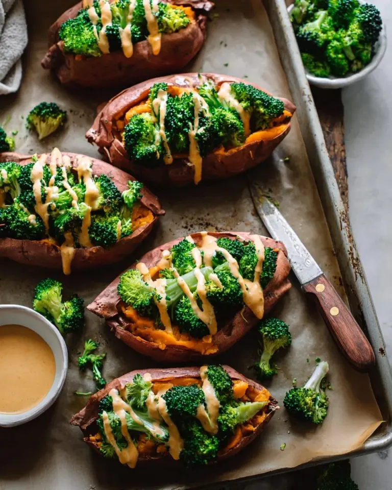 Stuffed sweet potatoes with broccoli and avocado on a colorful plate.