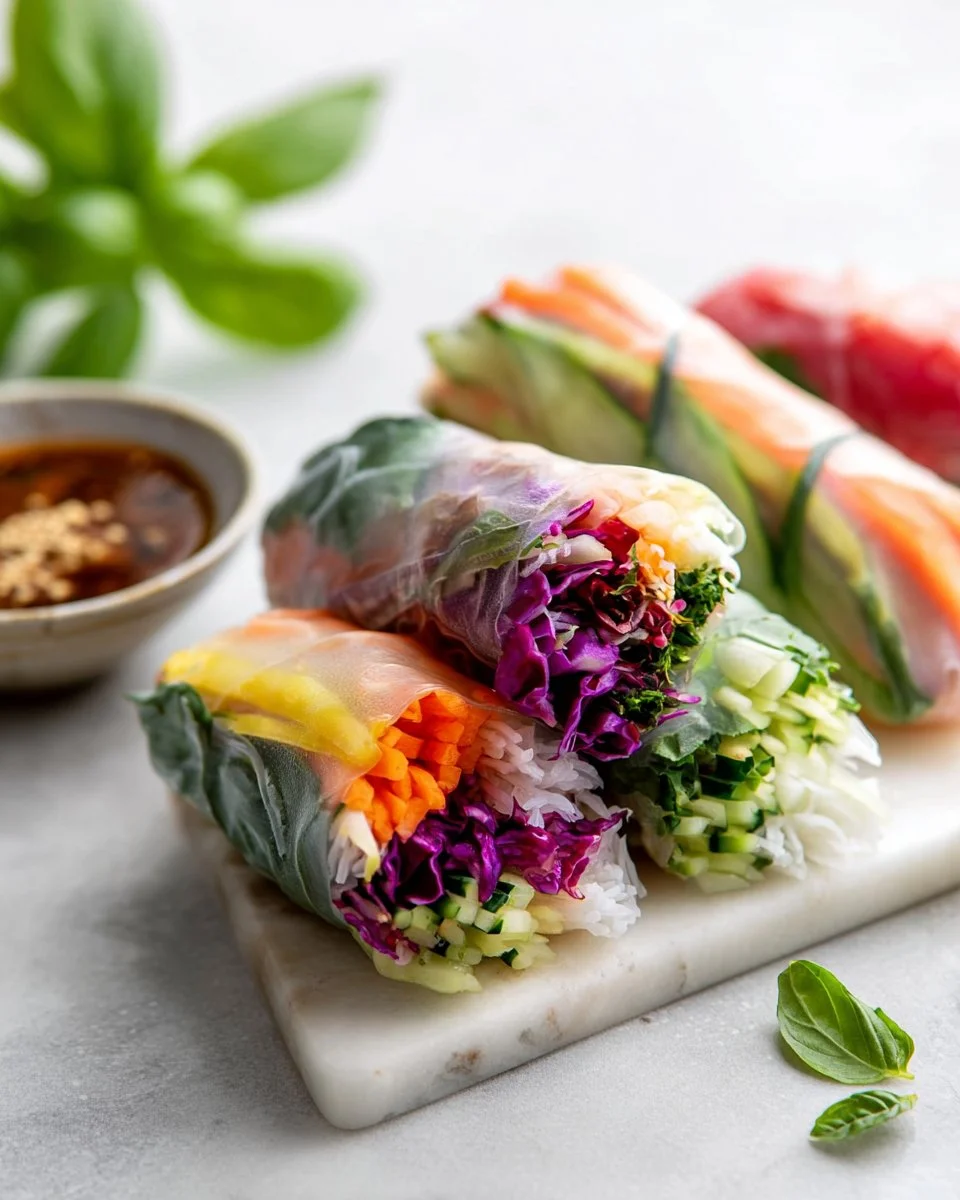 Plate of summer rolls with two dipping sauces on the side.