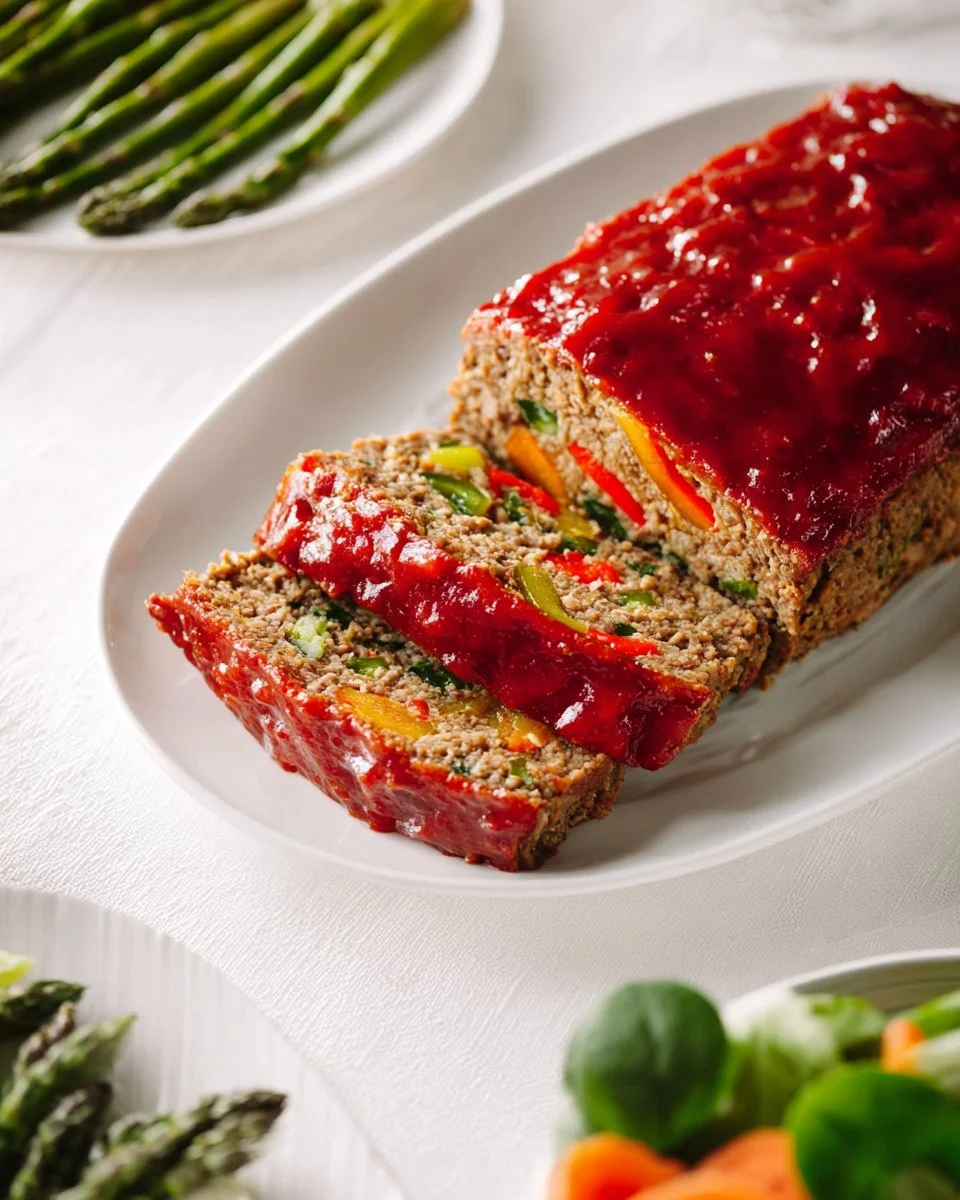 Delicious vegetable lentil loaf served on a plate with fresh herbs