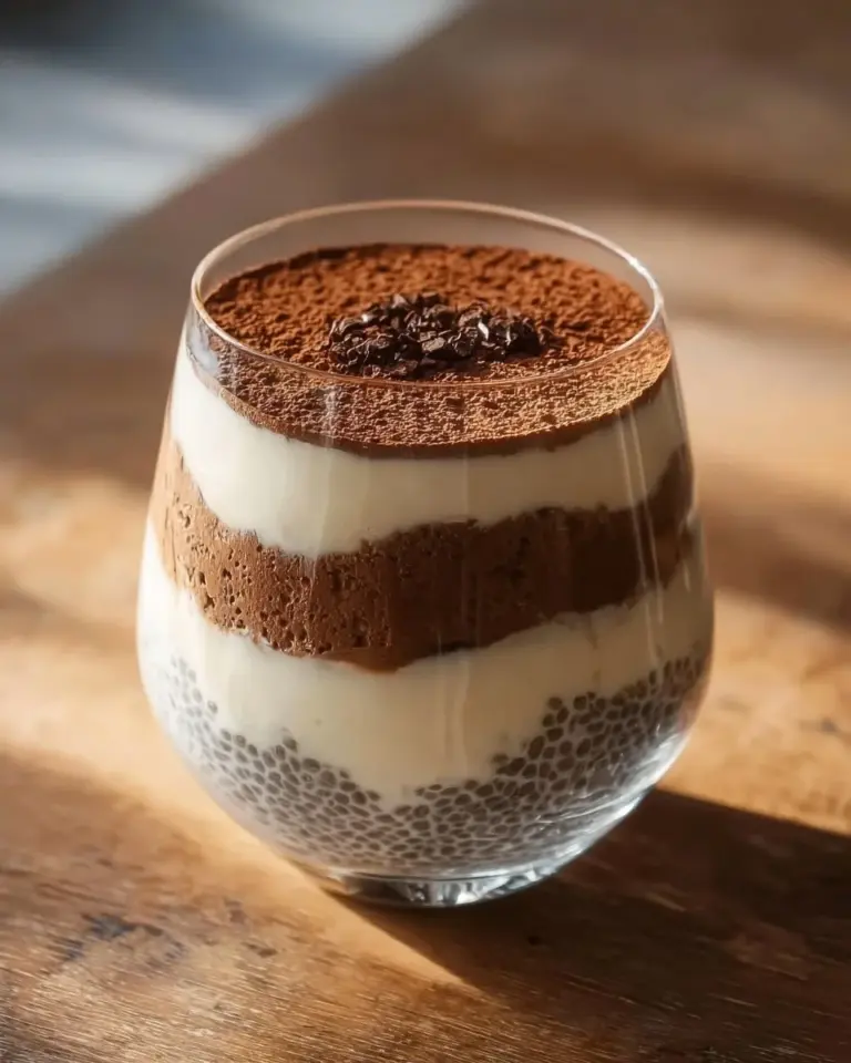 A creamy bowl of tiramisu chia pudding topped with cocoa powder and coffee beans.