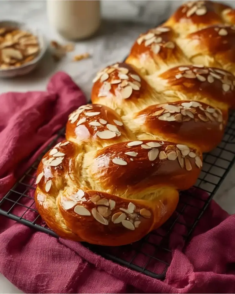 Delicious homemade Tsoureki, a traditional Greek sweet bread, placed on a rustic table.