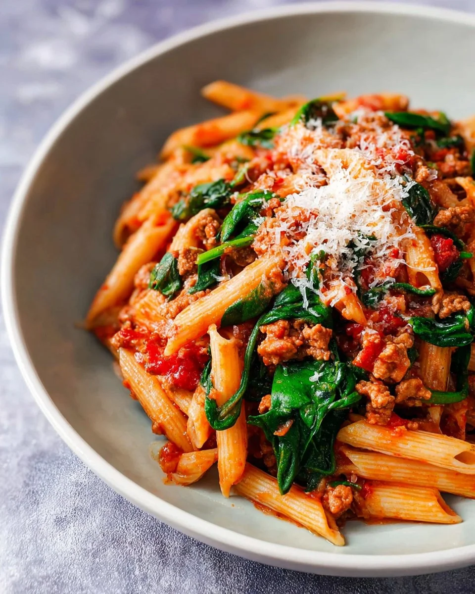 Delicious Turkey and Spinach Penne served in a bowl with a sprinkle of parmesan