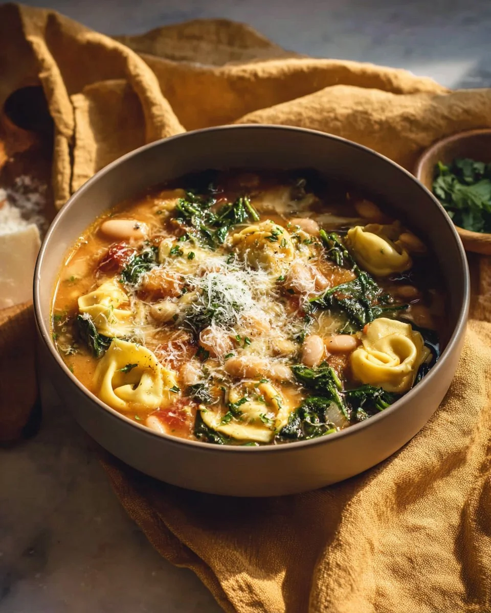 A bowl of turkey and spinach tortellini soup garnished with herbs.